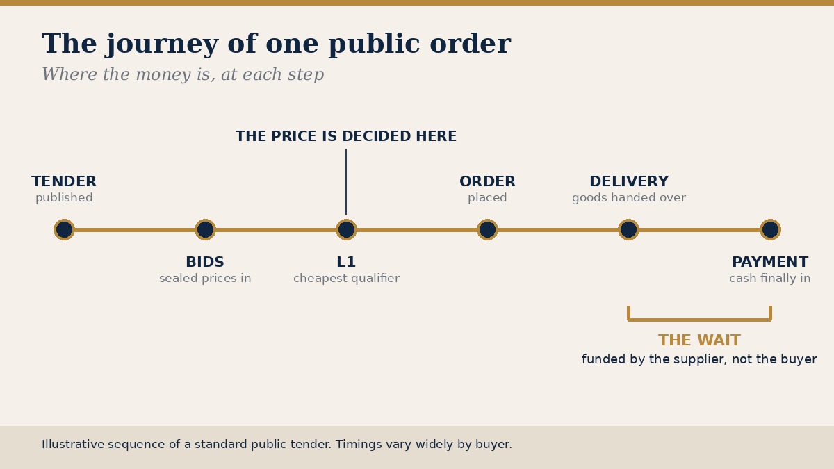 Timeline of a public tender from publication through bids, the lowest qualifying bid, order, delivery and payment.