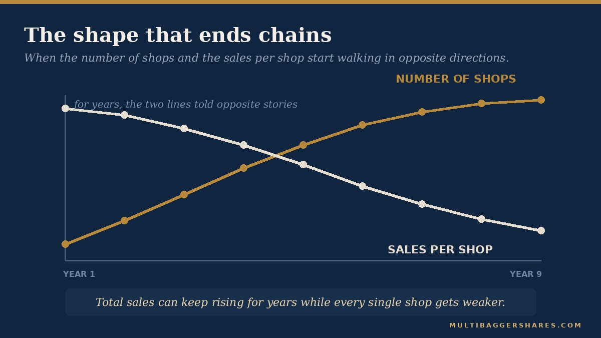 Two lines over nine years: shop count rising while sales per shop fall.
