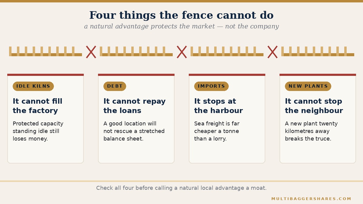 A picket fence with breaches, and four cards naming the four limits of a freight-based advantage.