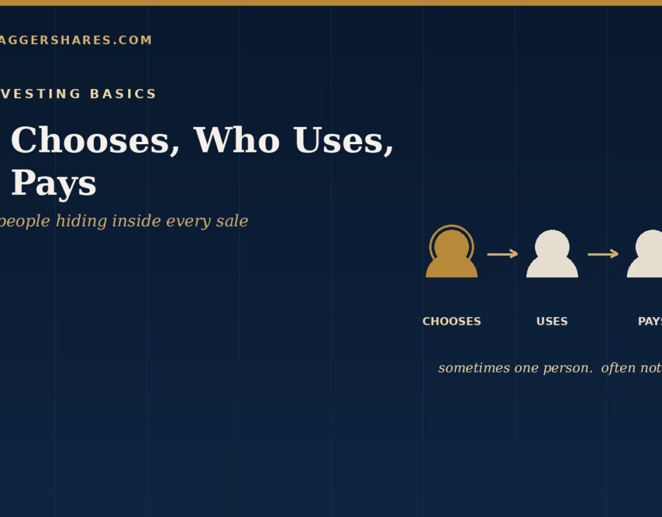 Navy Cover for Who Chooses Who Uses Who Pays Showing Three Figures Joined by Gold Arrows and Labelled Chooses Uses and Pays