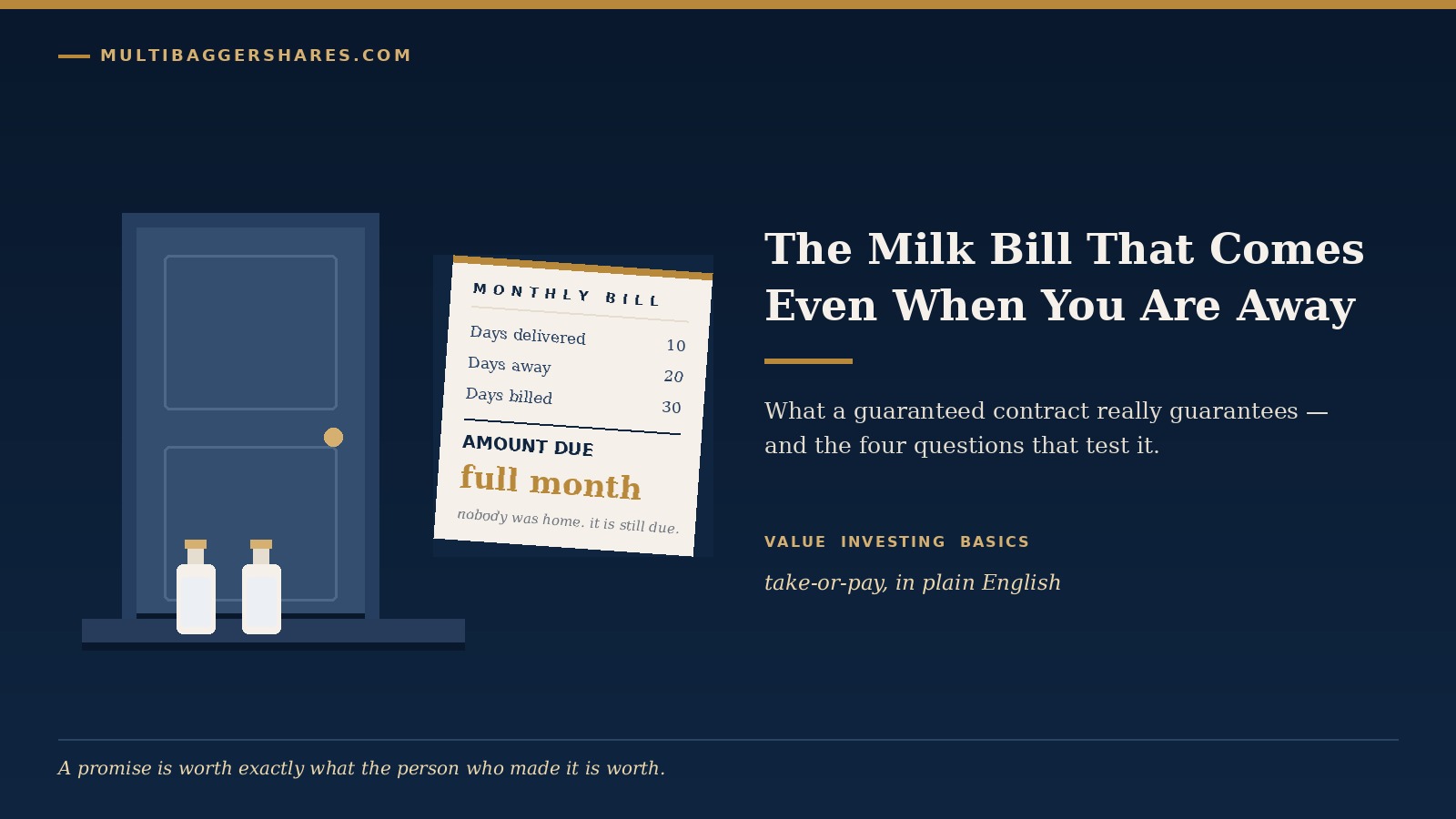 Navy hero scene with a tall kitchen cabinet on the left and a tilted 'Monthly Bill' receipt beside bold copy reading 'The Milk Bill That Comes Even When You Are Away'