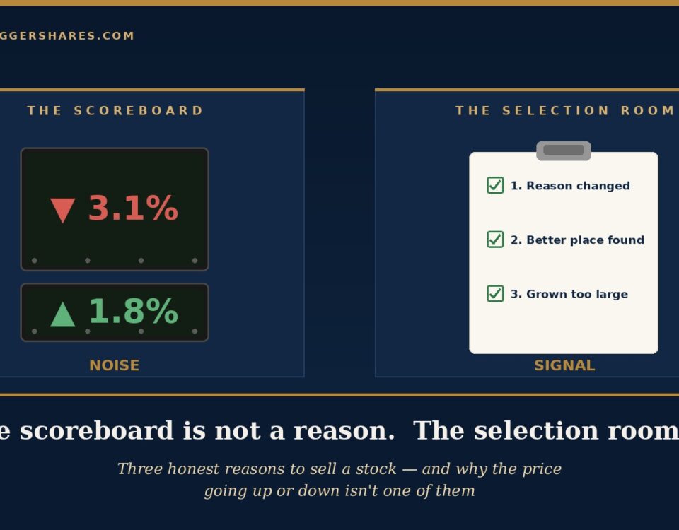 Cover Illustration Split into Two Panels on the Left a Large Glowing Scoreboard Showing a Price Number Ticking Up and Down Under the Words the Scoreboard and on the Right a Clipboard with Three Ticked Reason Cards Under the Words the Selection Room with the Headline the Scoreboard is Not a Reason the Selection Room is