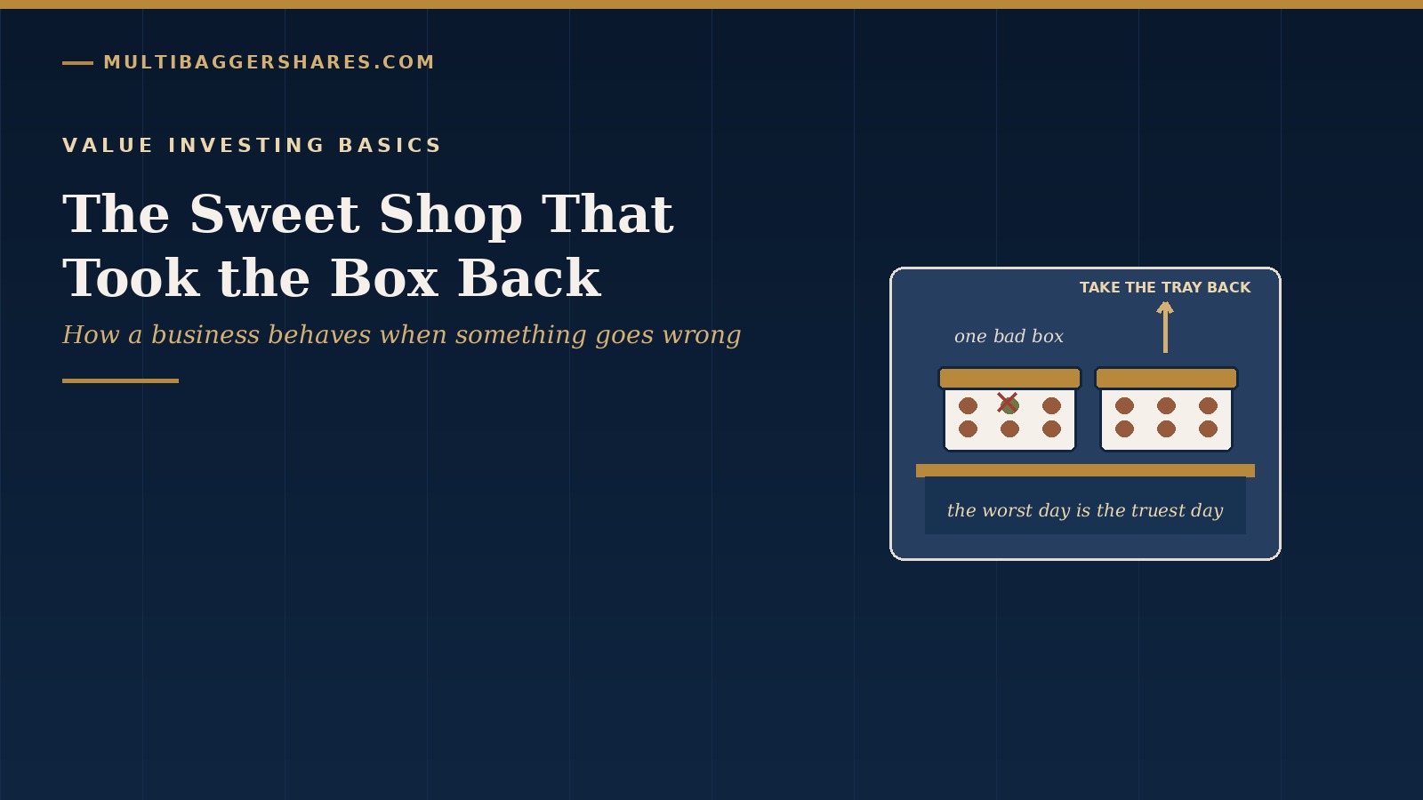 Navy cover for The Sweet Shop That Took the Box Back, showing a shop counter with one bad box of sweets being taken back