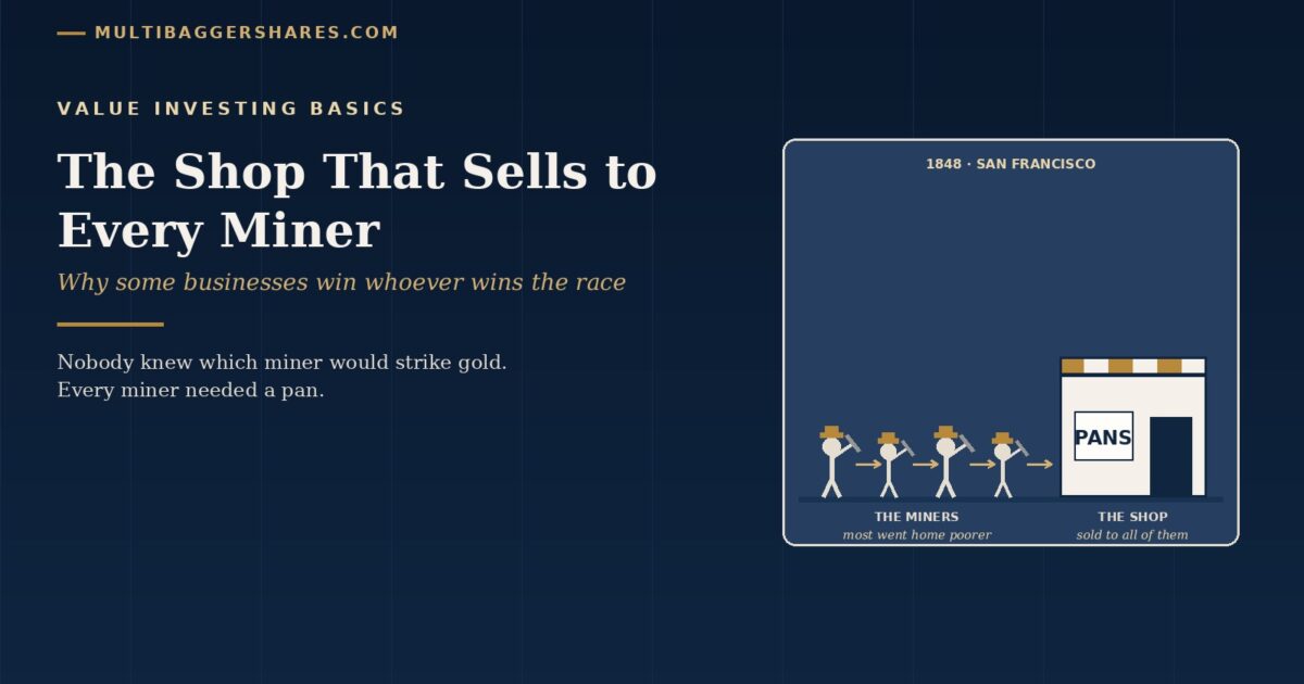 Navy Cover for the Shop That Sells to Every Miner Showing a Row of Gold rush Miners Walking Towards One Shop Selling Pans