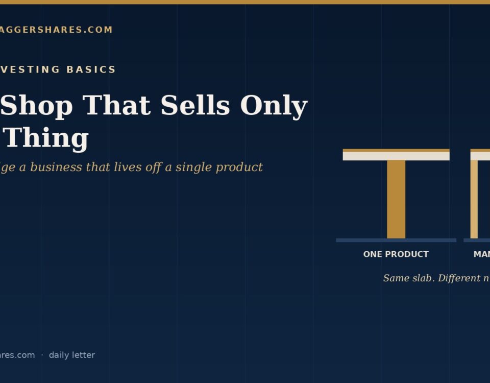 Navy Cover for the Shop That Sells Only One Thing Showing One Slab Resting on a Single Gold Pillar Beside an Identical Slab Resting on Five