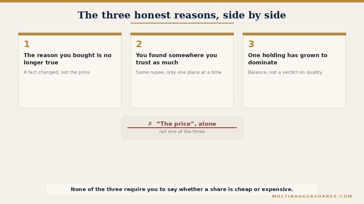 A row of three index cards on a clipboard background, each numbered one, two and three. Card one reads the one-sentence reason you bought is no longer true. Card two reads you found somewhere you trust more for the same rupee. Card three reads one holding has grown to dominate the whole portfolio. Beneath the three cards, a fourth, crossed-out card reads the price alone, with a note that this is not one of the three