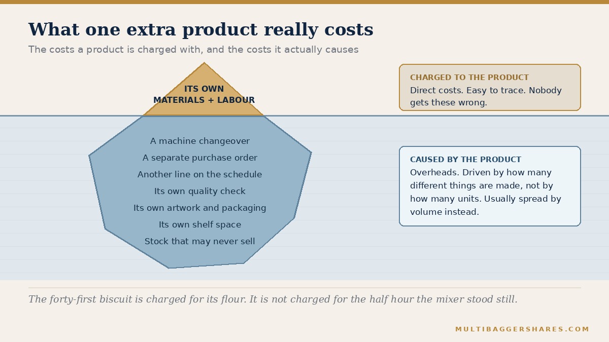 An iceberg diagram: above the waterline, the only costs a product is usually charged with — its own materials and the labour that touches it. Below the waterline, the far larger hidden mass: an extra machine changeover, a separate purchase order, another line on the schedule, its own quality check, its own shelf space, its own stock that may never sell