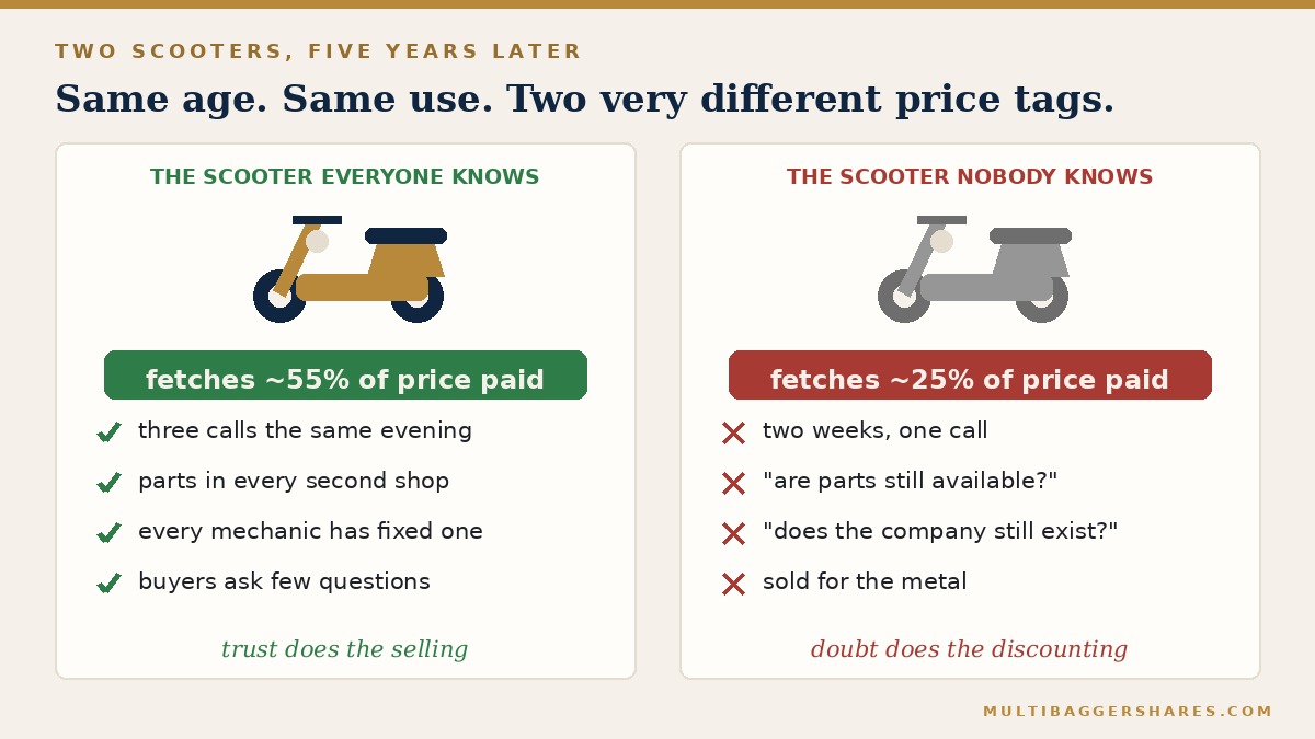 Two panels side by side: the scooter everyone knows with four green ticks and a green price tag, and the scooter nobody knows with four red crosses and a red price tag.