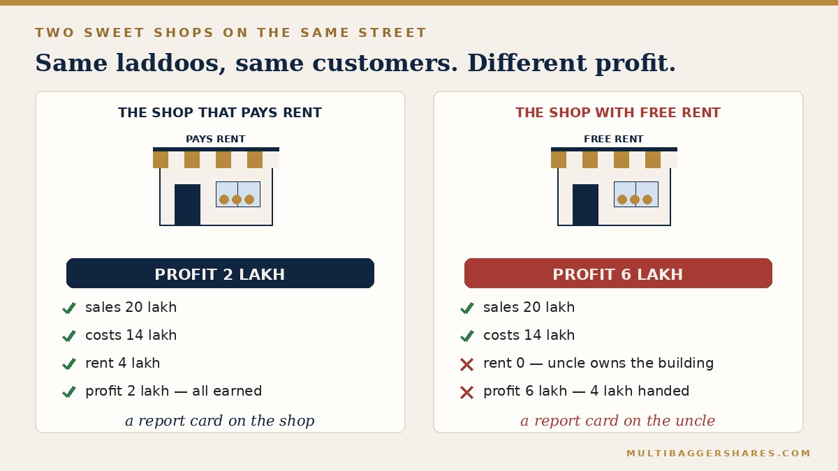 Two panels side by side: the shop that pays rent with four green ticks, and the shop with free rent with two red crosses marking the handed profit.