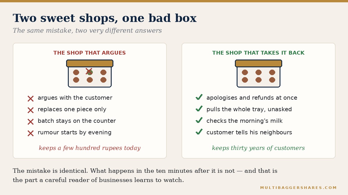 Two panels side by side: the shop that argues with four red crosses, and the shop that takes the box back with four green ticks.