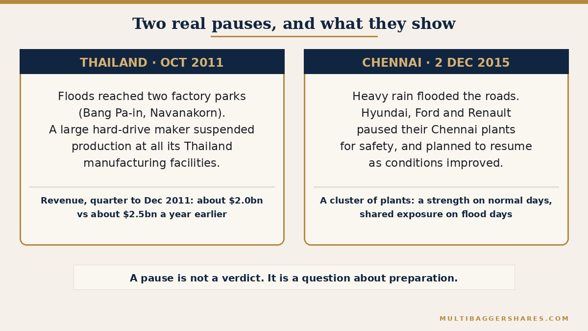 A two-panel comparison. The left panel is titled Thailand, October 2011 and states that floods reached two factory parks of a large hard-drive maker, that it suspended production at all its Thailand manufacturing facilities, and that revenue in the December 2011 quarter was about 2.0 billion dollars against about 2.5 billion a year earlier. The right panel is titled Chennai, 2 December 2015 and states that three carmakers paused their Chennai plants for safety and planned to resume as conditions improved. A footer reads a pause is not a verdict, it is a question about preparation