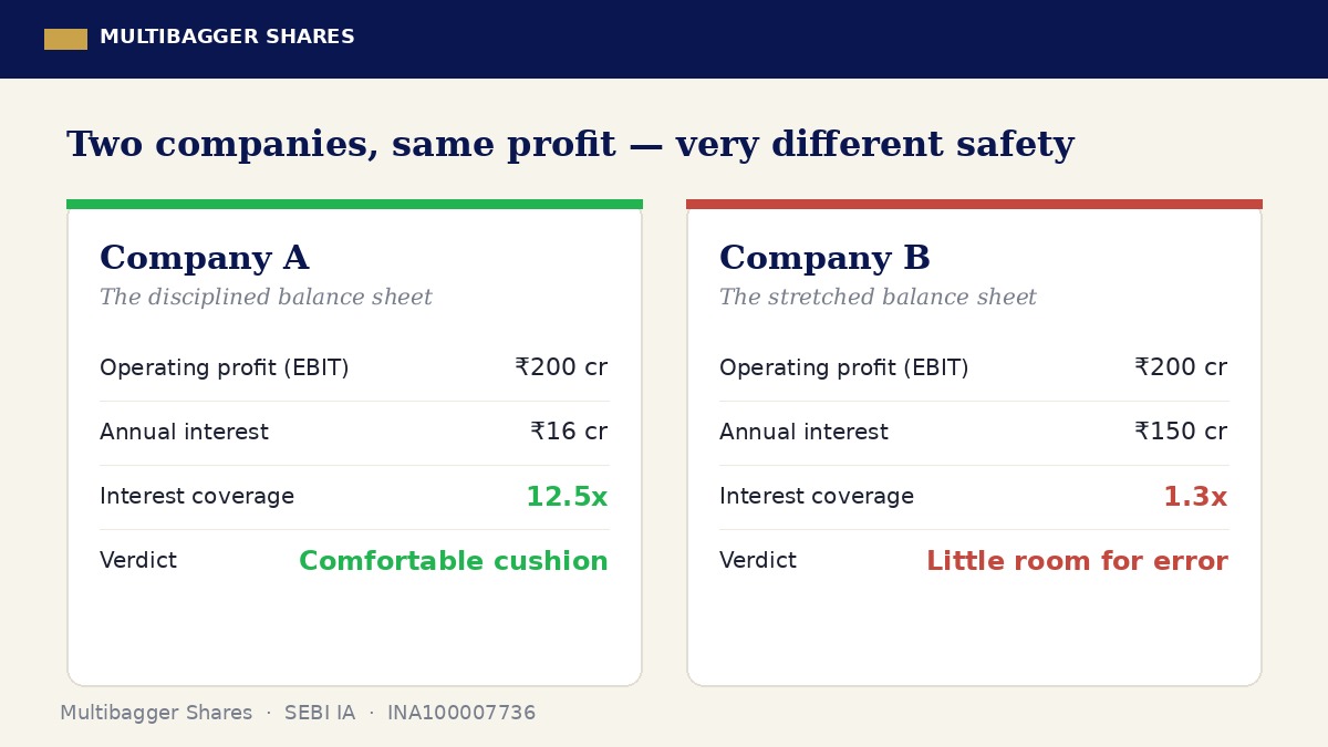 The profit line looks the same; the coverage ratio tells the real story. Illustrative companies.