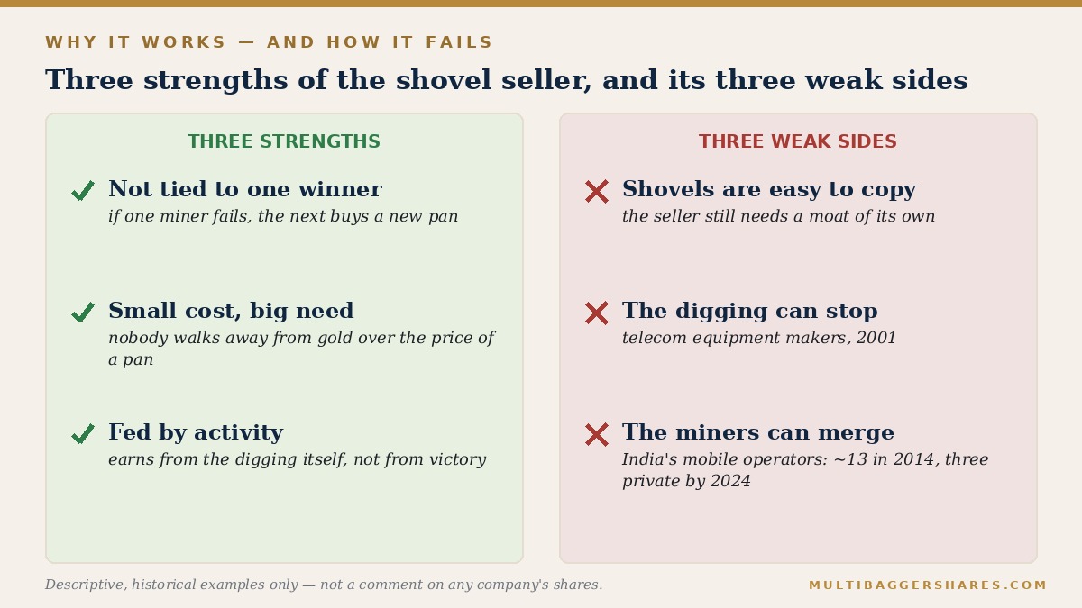 Two columns: a green column with three ticks listing strengths and a red column with three crosses listing weaknesses.