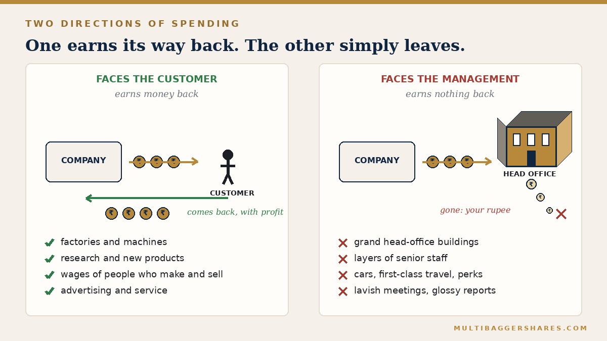 A diptych: left panel shows spending flowing towards a customer and returning as profit; right panel shows spending flowing towards a head office and disappearing.