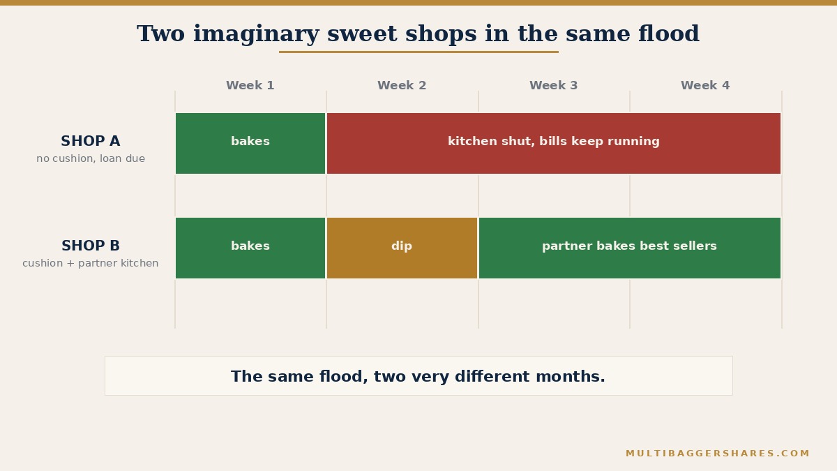 A payoff-style comparison drawn as two horizontal bars over four weeks. The top bar, Shop A, one kitchen and no cash cushion, is filled for one week and then broken into a red stopped section for the remaining weeks. The bottom bar, Shop B, one kitchen but a cash cushion and a tie-up with a neighbouring kitchen, dips briefly and then continues. A caption reads the same flood, two very different months