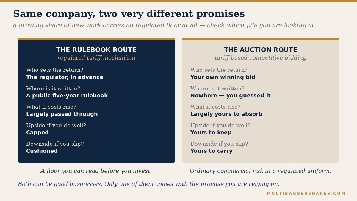 A side-by-side comparison of a project built under the regulated tariff route, where the return is written in the rulebook, against a project won at competitive auction, where the return is whatever the winning bid implies