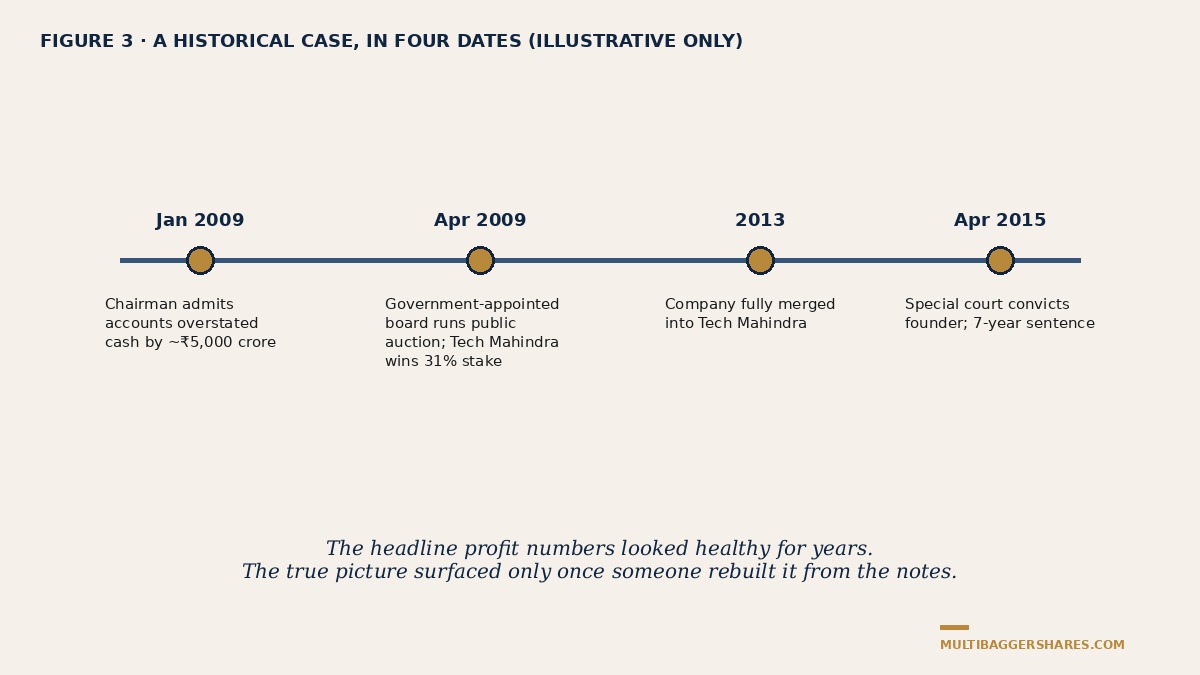 Timeline of the Satyam accounting fraud case from January 2009 to April 2015, shown as a historical example