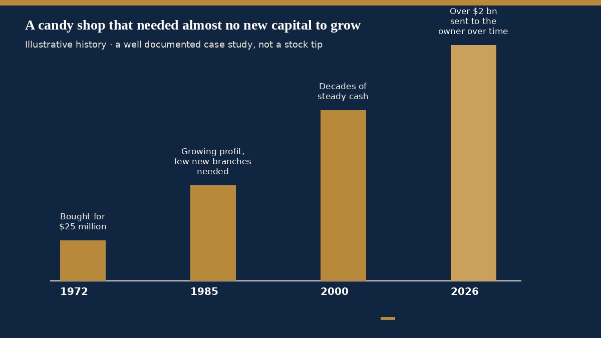 A business earning a high return on capital, and needing very little new capital to keep growing, can compound value for decades from one modest starting investment.