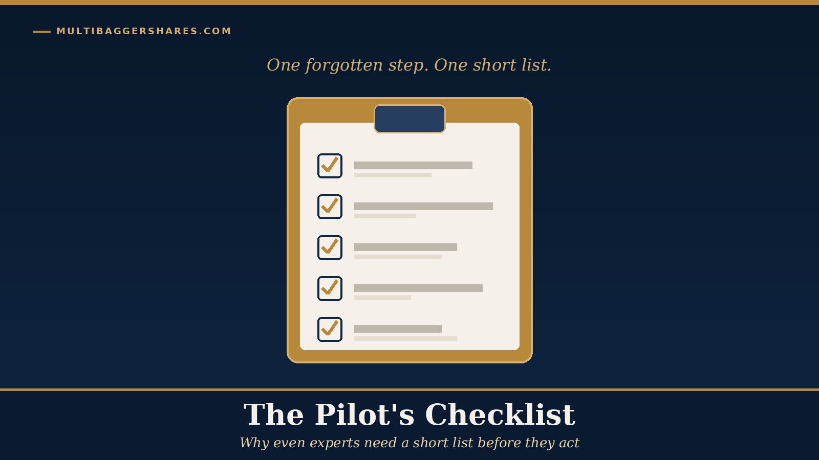 Cover illustration: a navy clipboard with a gold checklist of five ticked boxes under the headline The Pilot's Checklist