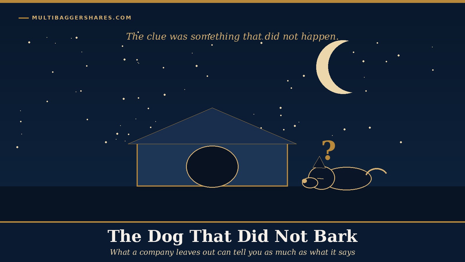 Cover illustration: a night sky with a crescent moon over a small kennel where a dog lies silent, under the headline The Dog That Did Not Bark