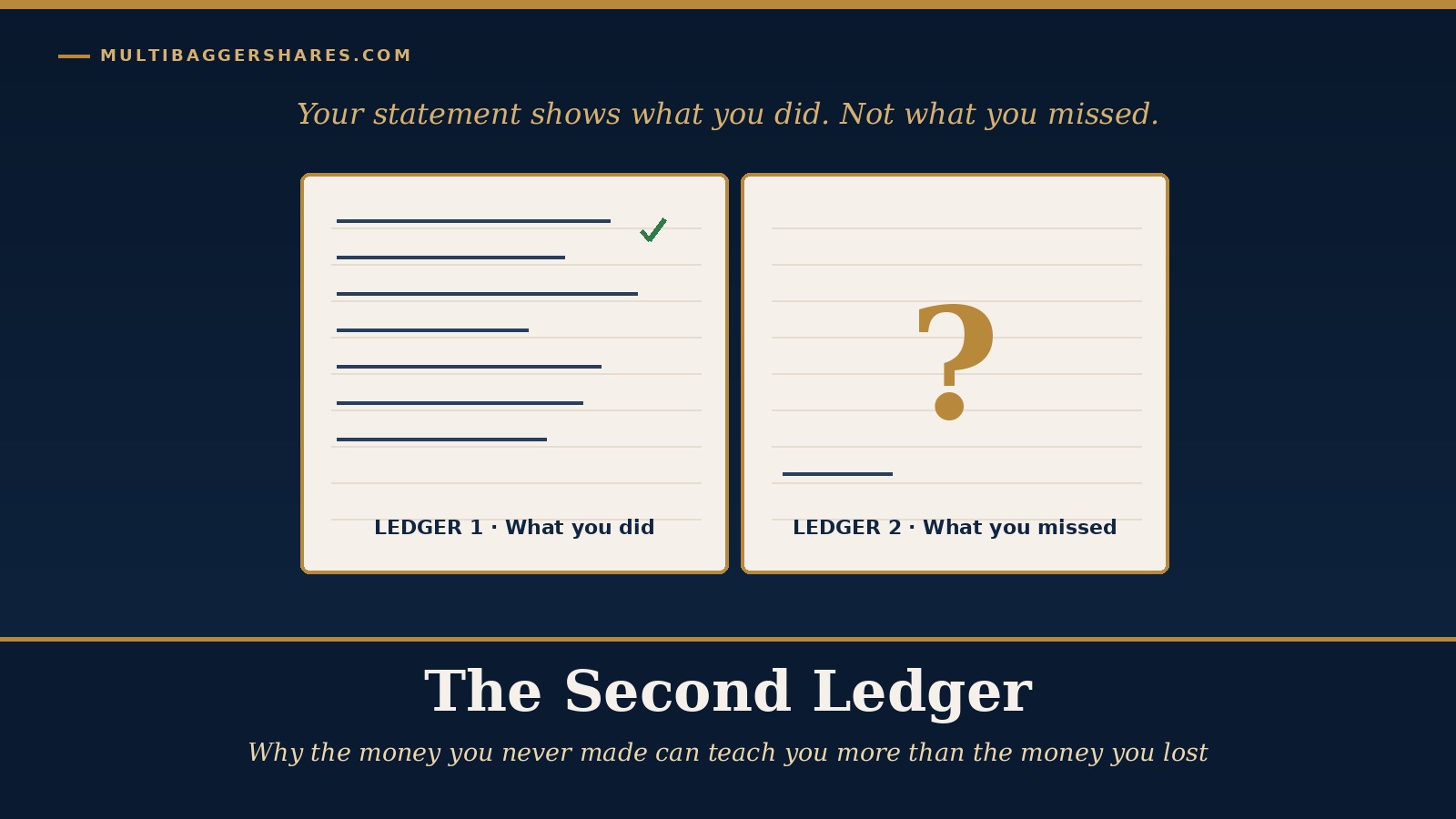 Cover illustration: an open notebook with a full left page of written lines and a right page that is almost empty except for a gold question mark, under the headline The Second Ledger