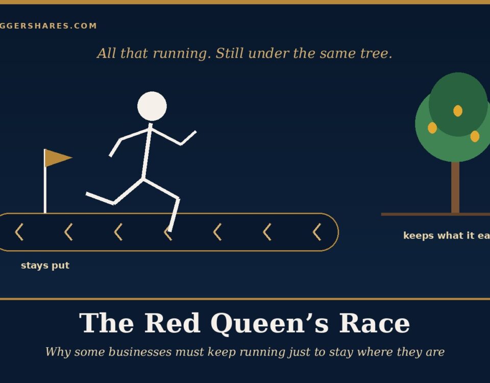 Cover Illustration a Running Figure on a Moving Belt That Carries the Ground Backwards a Small Gold Flag Staying in the Same Spot and a Calm Tree Standing Still on the Right Under the Headline the Red Queens Race