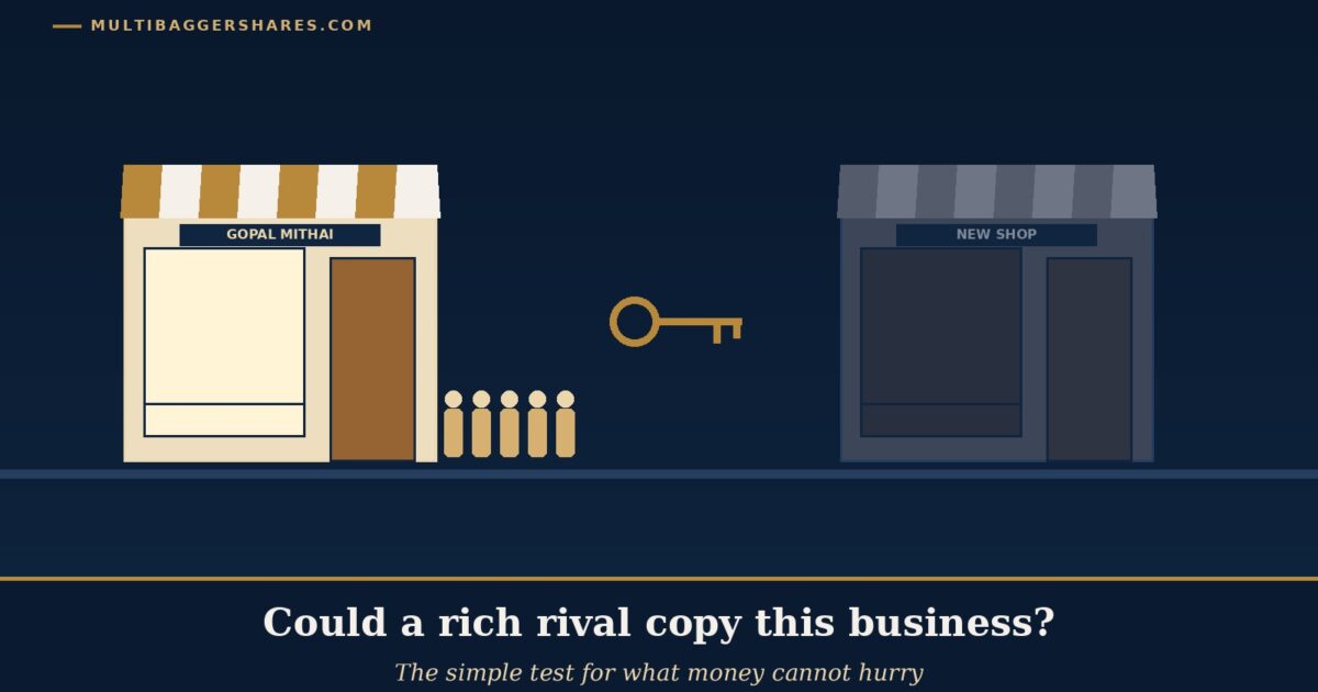 Cover Illustration Two Identical Gold Shop Fronts Side by Side One Glowing and Busy with a Queue and One Dark and Empty with a Gold Key Between Them Under the Headline Could a Rich Rival Copy This Business