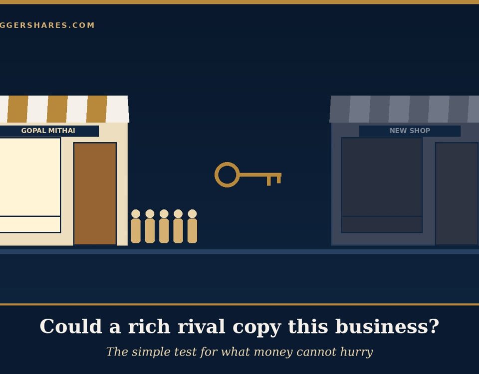 Cover Illustration Two Identical Gold Shop Fronts Side by Side One Glowing and Busy with a Queue and One Dark and Empty with a Gold Key Between Them Under the Headline Could a Rich Rival Copy This Business