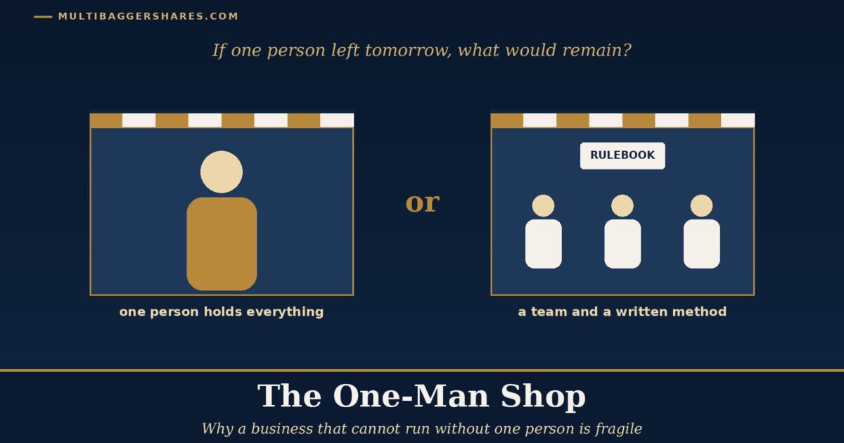 Cover Illustration a Shop with One Large Figure at the Counter on the Left and a Shop with a Whole Team and a Written Rulebook on the Right Under the Headline the One man Shop