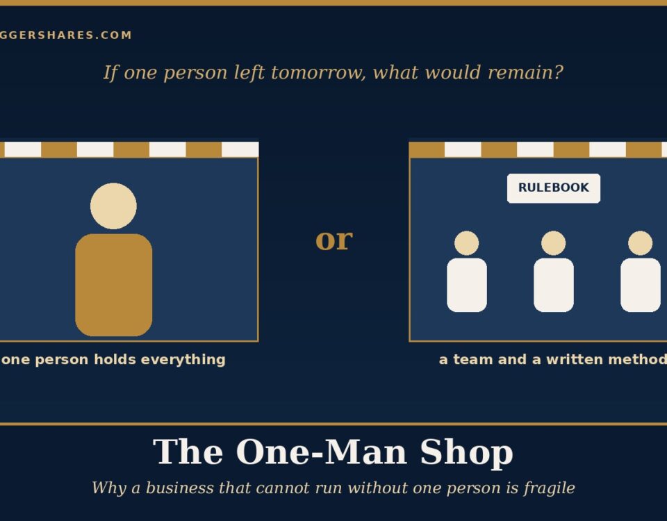 Cover Illustration a Shop with One Large Figure at the Counter on the Left and a Shop with a Whole Team and a Written Rulebook on the Right Under the Headline the One man Shop