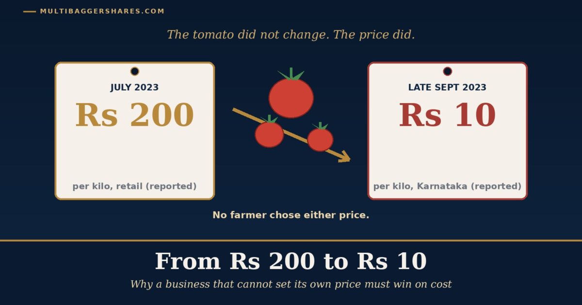 Infographic Comparing Tomato Prices Left Tag Shows July 2023 Rs 200 Per Kilo Right Tag Shows Late Sept 2023 Rs 10 Per Kilo with Three Tomatoes on a Branch in the Center and the Headline from Rs 200 to Rs 10