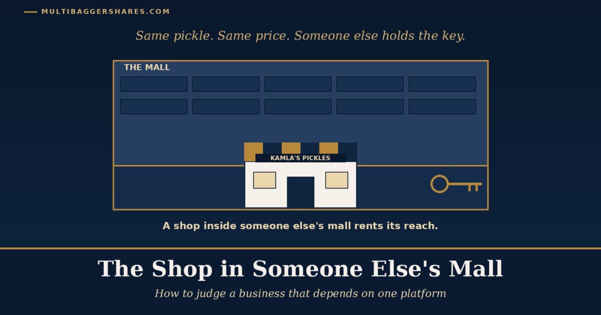 Dark Blue Infographic About a Marketplace Metaphor a Large the Mall Storefront Grid with Kamlas Pickles Shop a Key Icon on the Right and the Slogan same Pickle Same Price Someone else Holds the Key a Subtitle a Shop Inside Someones Mall Rents Its Reach and the Main Header the Shop in Someone Elses Mall with Subheading how to Judge a Business That Depends on One Platform
