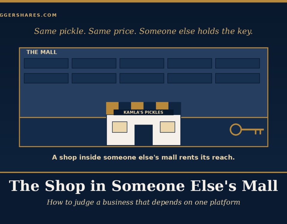 Dark Blue Infographic About a Marketplace Metaphor a Large the Mall Storefront Grid with Kamlas Pickles Shop a Key Icon on the Right and the Slogan same Pickle Same Price Someone else Holds the Key a Subtitle a Shop Inside Someones Mall Rents Its Reach and the Main Header the Shop in Someone Elses Mall with Subheading how to Judge a Business That Depends on One Platform