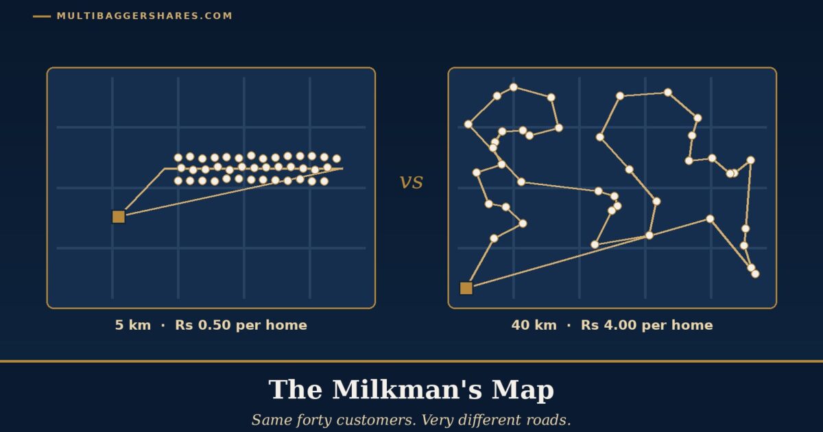 Cover Illustration Two Simple Town Maps Side by Side One with Forty Gold Dots Packed Along a Short Lane and a Short Gold Route the Other with Forty Dots Scattered Widely and a Long Tangled Route Under the Headline the Milkmans Map