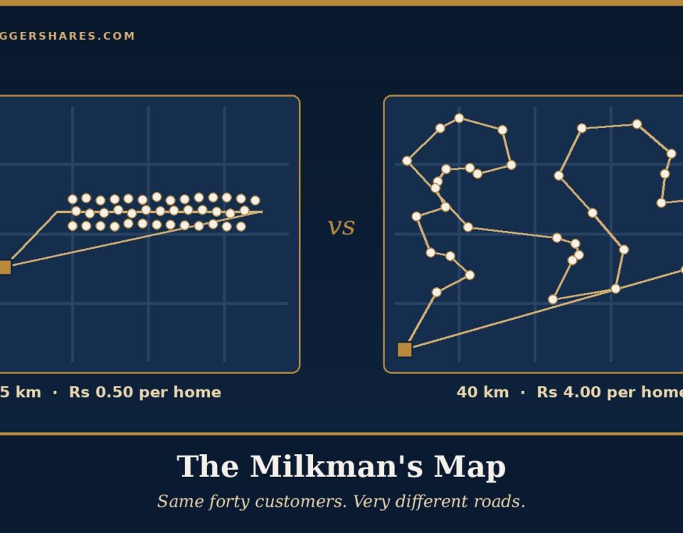Cover Illustration Two Simple Town Maps Side by Side One with Forty Gold Dots Packed Along a Short Lane and a Short Gold Route the Other with Forty Dots Scattered Widely and a Long Tangled Route Under the Headline the Milkmans Map