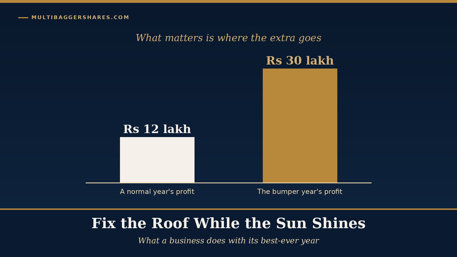 Cover illustration: a navy bar for a normal year's profit of twelve lakh rupees next to a tall gold bar for a bumper year's profit of thirty lakh rupees, under the headline fix the roof while the sun shines