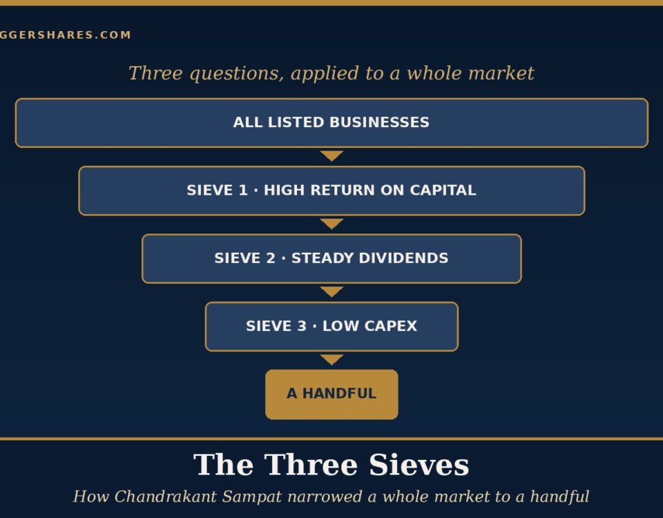 Cover Illustration a Funnel of Four Narrowing Navy Bars Labelled All Listed Businesses High Return on Capital Steady Dividends and Low Spending on Machines Ending in a Small Gold Bar for a Handful Under the Headline the Three Sieves