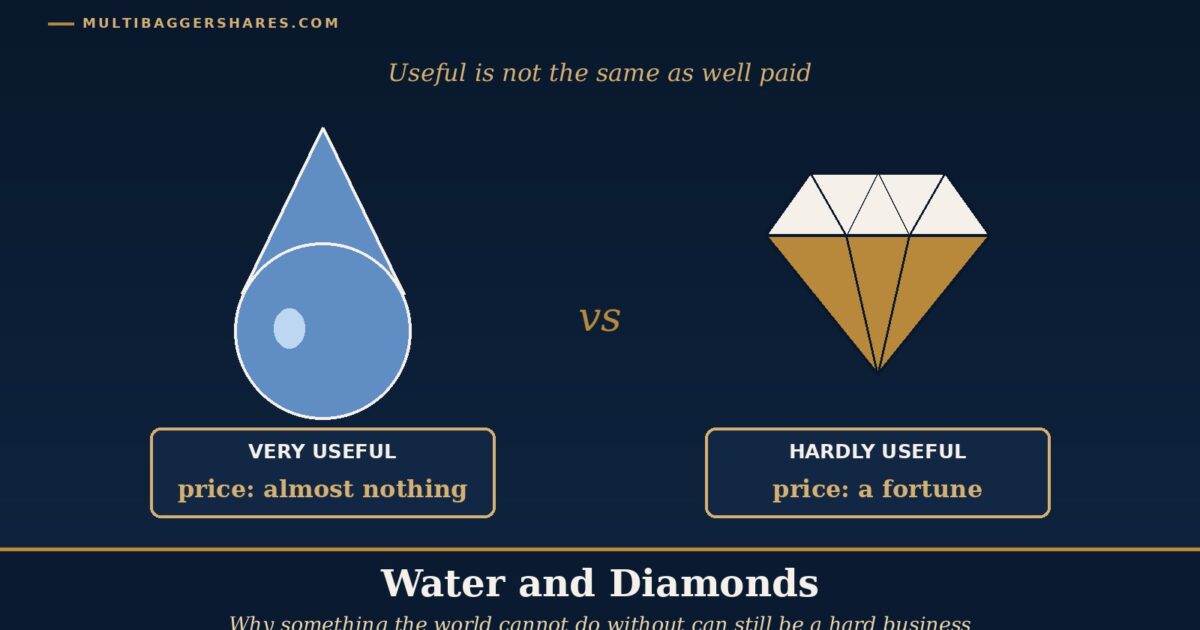 Cover Illustration on the Left a Navy Water Drop and on the Right a Gold Diamond Each with a Price Tag the Drop Marked Very Useful but Cheap and the Diamond Marked Hardly Useful but Expensive Under the Headline Water and Diamonds