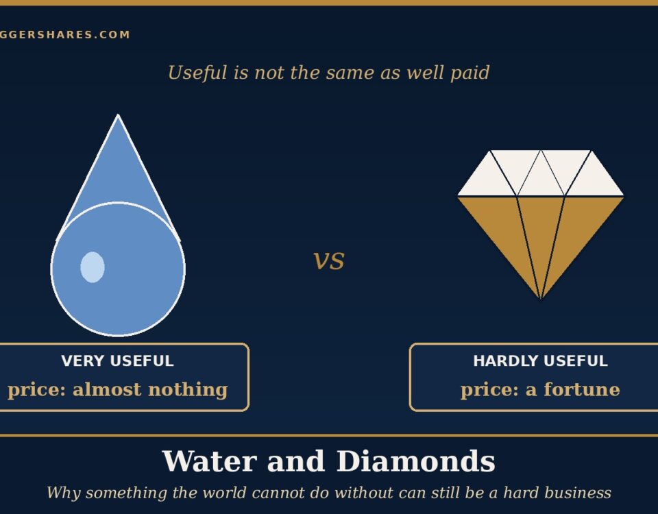 Cover Illustration on the Left a Navy Water Drop and on the Right a Gold Diamond Each with a Price Tag the Drop Marked Very Useful but Cheap and the Diamond Marked Hardly Useful but Expensive Under the Headline Water and Diamonds