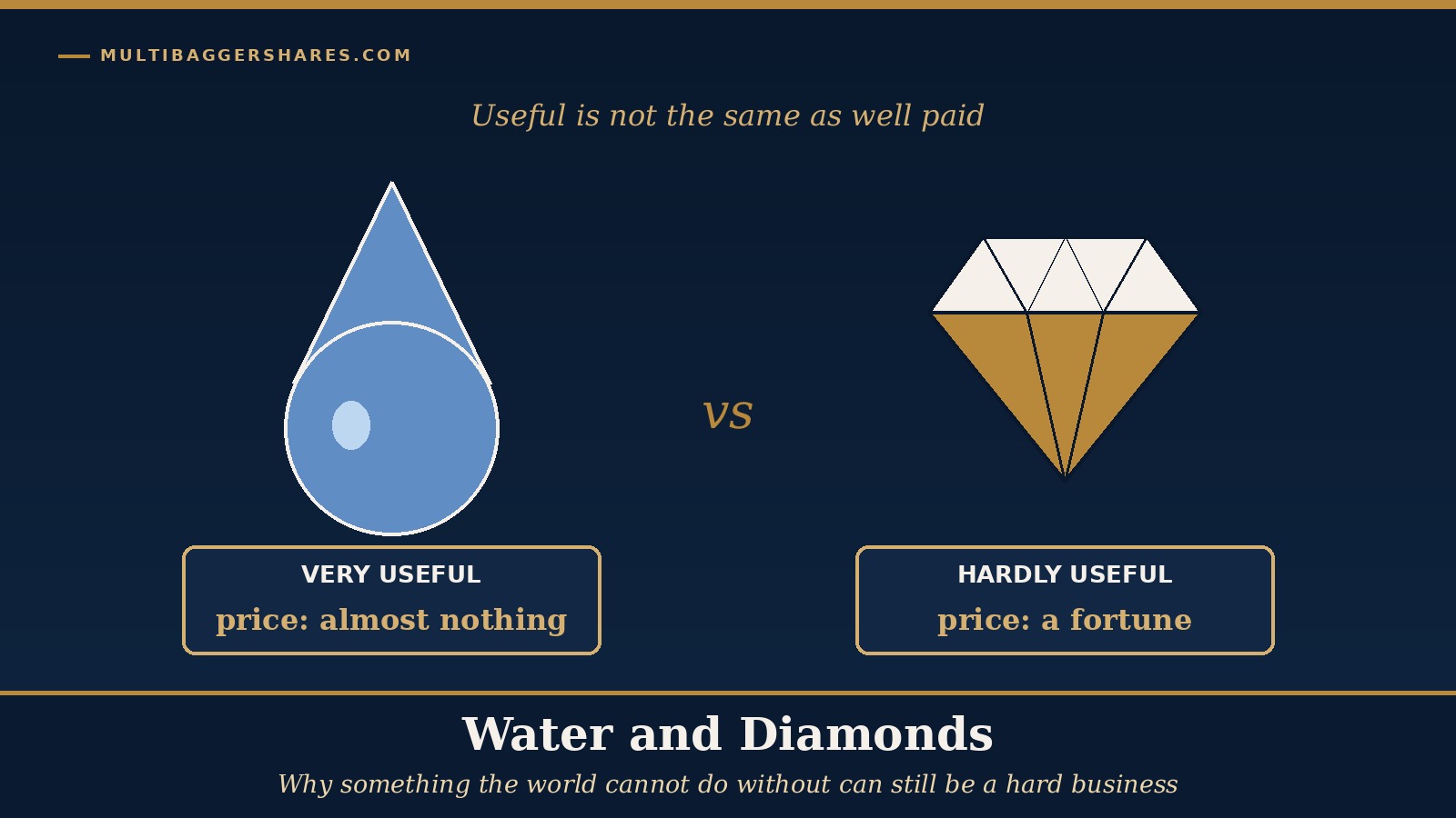 Cover illustration: on the left a navy water drop and on the right a gold diamond, each with a price tag, the drop marked very useful but cheap and the diamond marked hardly useful but expensive, under the headline water and diamonds
