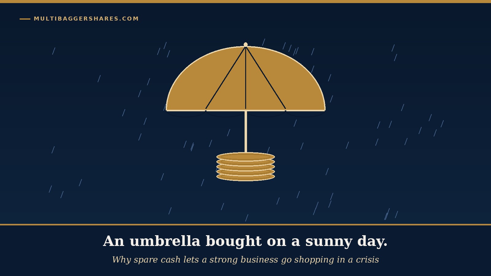 Cover illustration: a large gold and navy umbrella drawn over a neat stack of gold coins, with raindrops falling around it, under the headline an umbrella bought on a sunny day