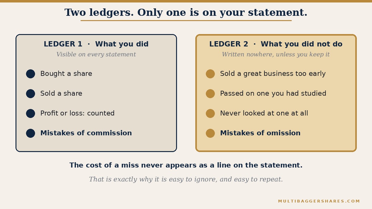 A side by side picture of two notebooks. The first ledger holds what you did: shares bought, shares sold, profit and loss, all shown on your statement. The second ledger holds what you did not do: a great business sold too early, one passed over, and one never studied. Nothing in it appears on any statement.