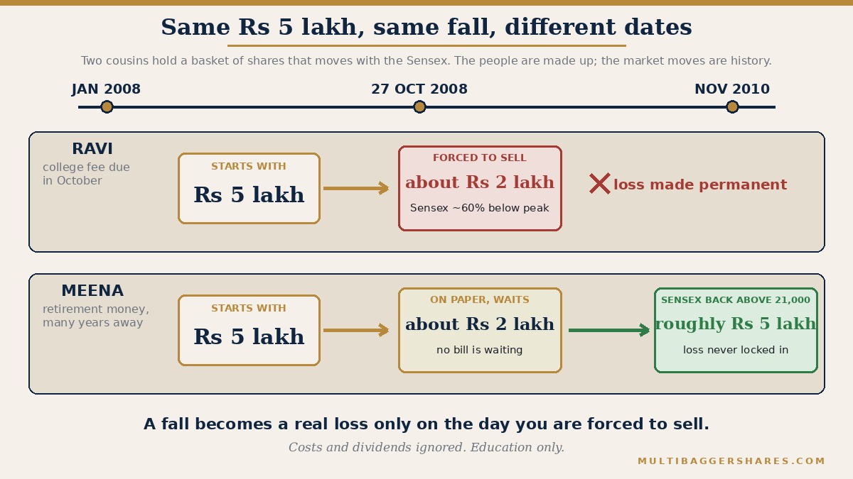 Two horizontal lanes on a timeline from January 2008 to November 2010. Both cousins start with Rs 5 lakh in a basket of shares that moves with the Sensex. Ravi needs the money in October 2008 for college fees, sells when the Sensex is about 60% below its January peak, and gets back about Rs 2 lakh. Meena does not need the money for many years, waits, and by November 2010 the Sensex is back above its January 2008 level, so her basket is roughly back at Rs 5 lakh.