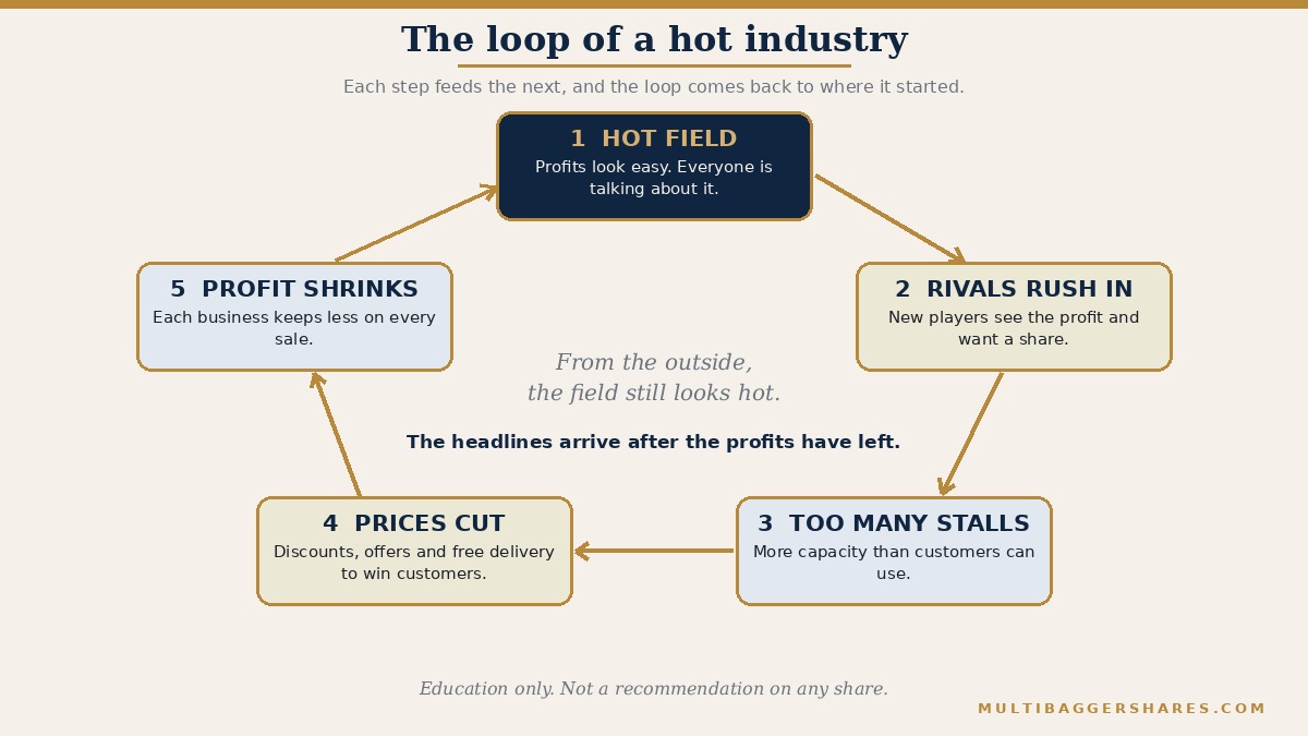 A flowchart in the shape of a loop. Step one: an industry becomes hot and profits look easy. Step two: new rivals rush in. Step three: there are more stalls, shops or planes than customers need. Step four: prices are cut to win customers. Step five: profit per business shrinks, and the arrow loops back to the industry still looking hot from the outside.
