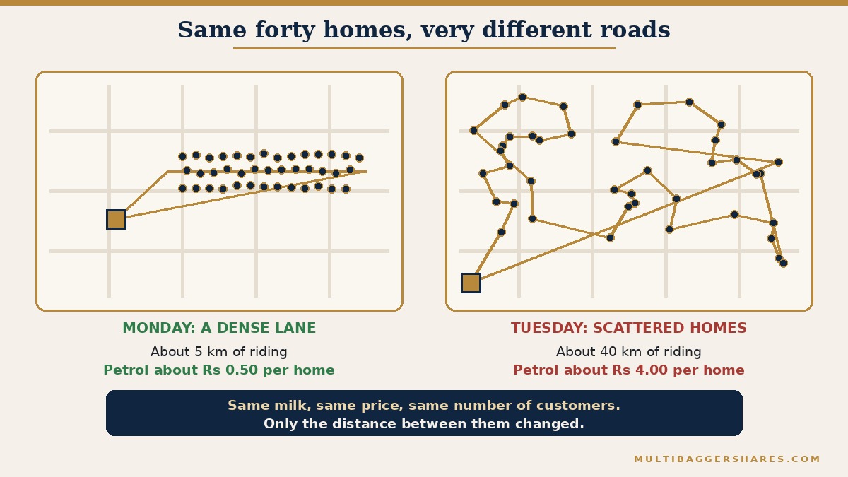 A side by side picture of two town maps. On the left, forty homes sit along one short lane and the milkman rides about five kilometres, which costs about fifty paise per home. On the right, forty homes are scattered across the town and the milkman rides about forty kilometres, which costs about four rupees per home. A note says the milk, the price and the number of customers are identical