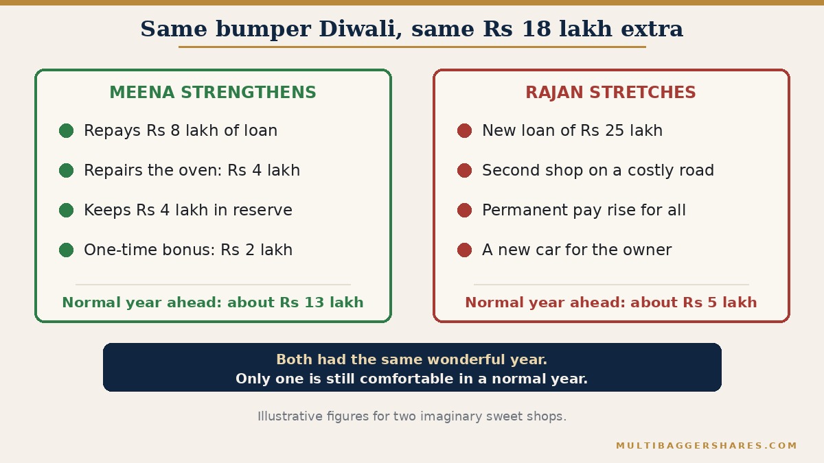 A side by side picture of two sweet shops that each earned an extra eighteen lakh rupees in a bumper Diwali. On the left, Meena repays an eight lakh loan, repairs the oven for four lakh, keeps four lakh as reserve and pays a two lakh one-time bonus, so her normal-year profit stays near thirteen lakh. On the right, Rajan opens a second shop on a twenty-five lakh loan, gives a permanent pay rise and buys a car, so his normal-year profit falls to about five lakh