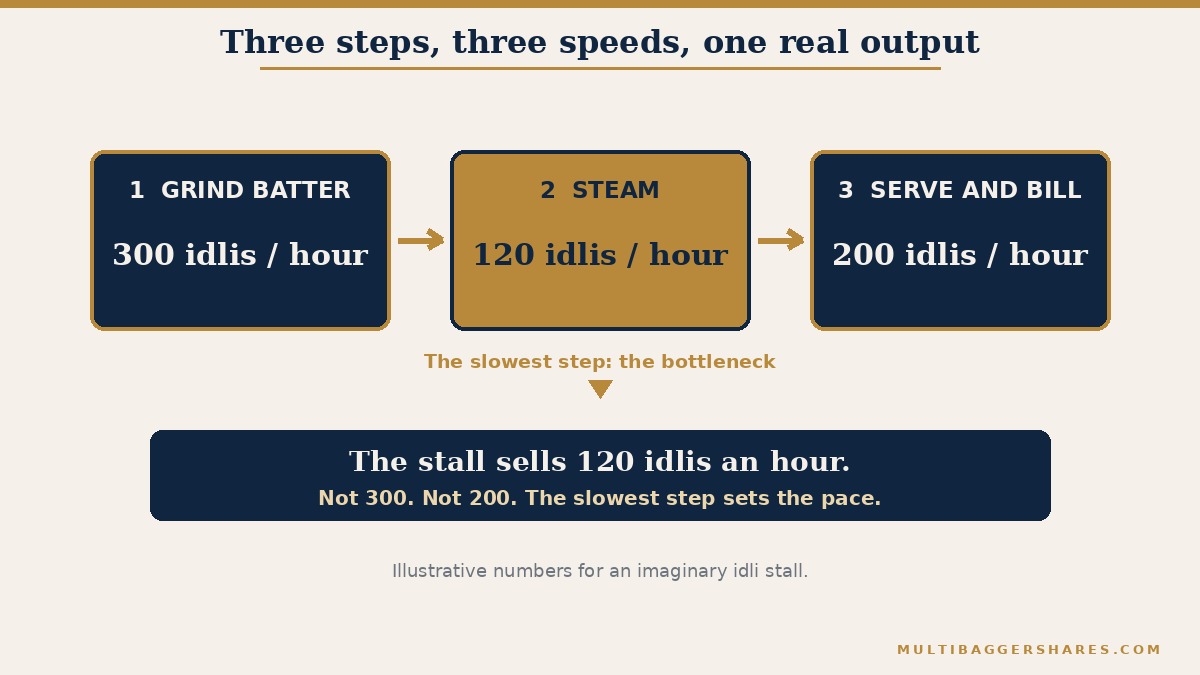 A flow of three boxes for an imaginary idli stall. Grinding batter can do 300 idlis an hour, steaming can do 120, and serving and billing can do 200. A caption says the stall sells 120 an hour, because the steamer is the slowest step, and the other two steps are not the problem
