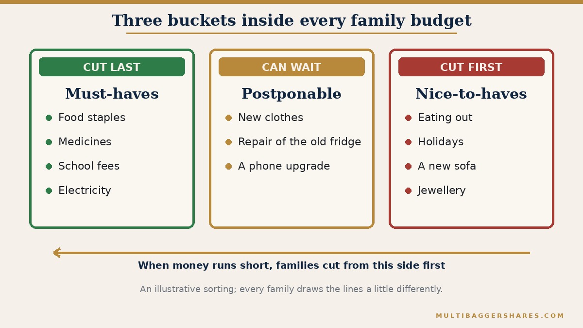 Three side-by-side cards. The first, labelled cut last, holds food staples, medicines, school fees and electricity. The second, labelled can wait, holds new clothes, a repaired appliance and a phone upgrade. The third, labelled cut first, holds eating out, holidays, a new sofa and jewellery. An arrow runs from the third card to the first