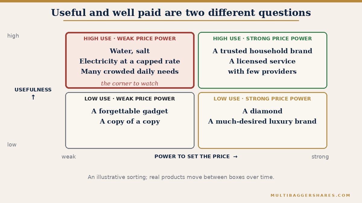 A two-by-two grid. One axis runs from low use to high use. The other runs from weak power to set a price to strong power to set a price. High use with weak price power holds water, salt and electricity sold at a capped tariff. High use with strong price power holds a trusted household brand. Low use with strong price power holds a diamond. Low use with weak price power holds a forgettable gadget