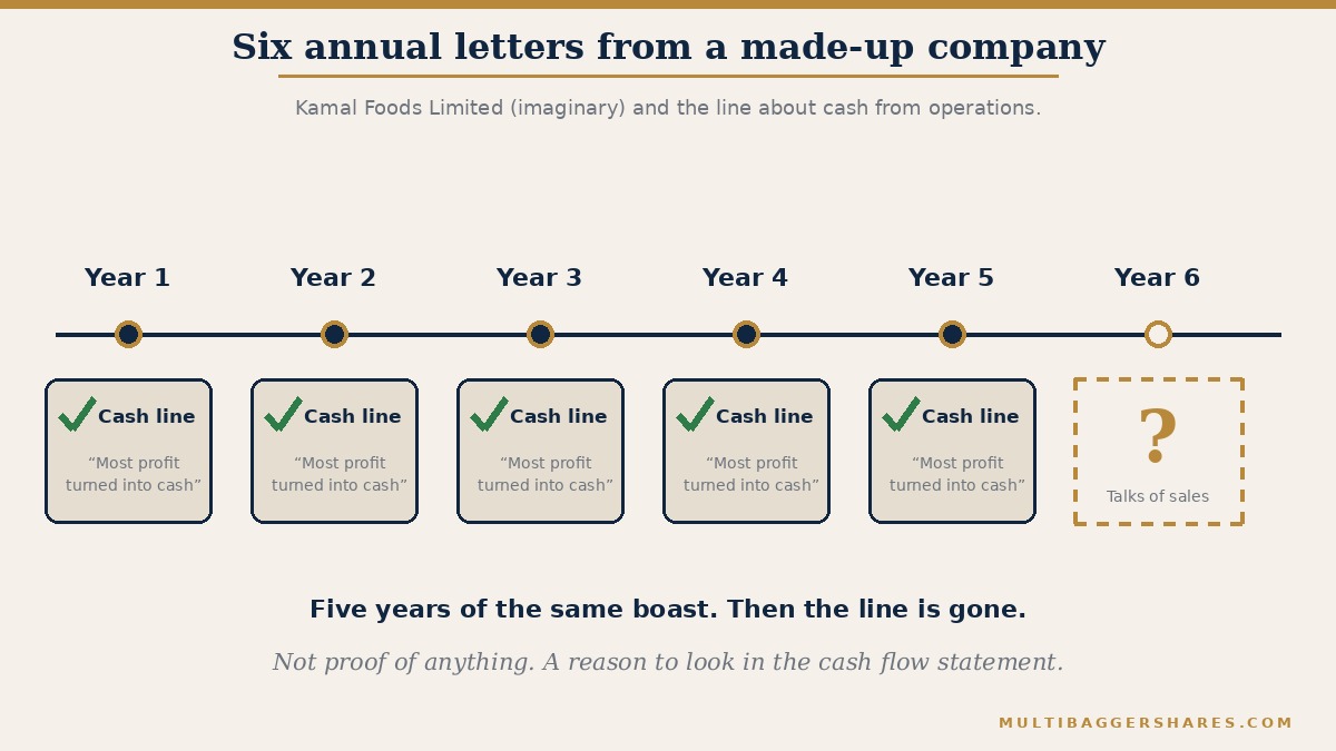 A timeline of six annual letters from a made-up company. In years one to five, each letter mentions cash from operations. In year six the mention is missing, shown as an empty dashed box with a question mark, while the letter talks about sales and brand instead.